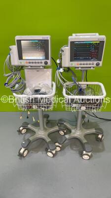 2 x EDAN iM50 Touch Screen Patient Monitors Including ECG, SpO2, NIBP, IBP1, IBP2, T1, T2 and CO2 Module Holder Options *Mfd 2020* with Selection of Cables (Both Power Up) *S/N 360069-M020407120078 / 360069-M20407130010*