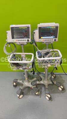 2 x EDAN iM50 Touch Screen Patient Monitors Including ECG, SpO2, NIBP, IBP1, IBP2, T1, T2 and CO2 Module Holder Options *Mfd 2020* with Selection of Cables (Both Power Up) *S/N 360069-M020407133014 / 360069-M20407110009*