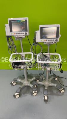 2 x EDAN iM50 Touch Screen Patient Monitors Including ECG, SpO2, NIBP, IBP1, IBP2, T1, T2 and CO2 Module Holder Options *Mfd 2020* with Selection of Cables (Both Power Up) *S/N 360069-M0204077130056 / 360069-M20407100070*