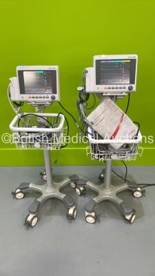 2 x EDAN iM50 Touch Screen Patient Monitors Including ECG, SpO2, NIBP, IBP1, IBP2, T1, T2 and CO2 Module Holder Options *Mfd 2020* with Selection of Cables (Both Power Up) *S/N 360069-M020407100107 / 360069-M20407100076*