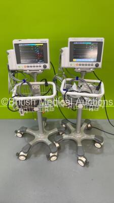 2 x EDAN iM50 Touch Screen Patient Monitors Including ECG, SpO2, NIBP, IBP1, IBP2, T1, T2 and CO2 Module Holder Options *Mfd 2020* with Selection of Cables (Both Power Up - 1 x Missing Light Cap - See Pictures) *S/N 360069-M020407120070 / 360069-M20407000