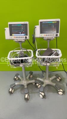 2 x EDAN iM50 Touch Screen Patient Monitors Including ECG, SpO2, NIBP, IBP1, IBP2, T1, T2 and CO2 Module Holder Options *Mfd 2020* with Selection of Cables (Both Power Up) *S/N 360069-M020407150050 / 360069-M20407120002*