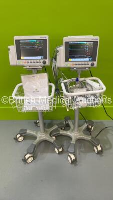 2 x EDAN iM50 Touch Screen Patient Monitors Including ECG, SpO2, NIBP, IBP1, IBP2, T1, T2 and CO2 Module Holder Options *Mfd 2020* with Selection of Cables (Both Power Up) *S/N 360069-M020407130077 / 360069-M20407140101*