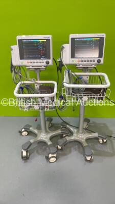 2 x EDAN iM50 Touch Screen Patient Monitors Including ECG, SpO2, NIBP, IBP1, IBP2, T1, T2 and CO2 Module Holder Options *Mfd 2020* with Selection of Cables (Both Power Up) *S/N 360069-M020407100143 / 360069-M20407120027*