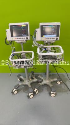 2 x EDAN iM50 Touch Screen Patient Monitors Including ECG, SpO2, NIBP, IBP1, IBP2, T1, T2 and CO2 Module Holder Options *Mfd 2020* with Selection of Cables (Both Power Up) *S/N 360069-M020407100024 / 360069-M20407120081*