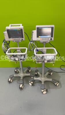 2 x EDAN iM50 Touch Screen Patient Monitors Including ECG, SpO2, NIBP, IBP1, IBP2, T1, T2 and CO2 Module Holder Options *Mfd 2020* with Selection of Cables (Both Power Up) *S/N 360069-M020407120058 / 360069-M20407110010*