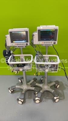 2 x EDAN iM50 Touch Screen Patient Monitors Including ECG, SpO2, NIBP, IBP1, IBP2, T1, T2 and CO2 Module Holder Options *Mfd 2020* with Selection of Cables (Both Power Up) *S/N 360069-M020407130028 / 360069-M20407100009*