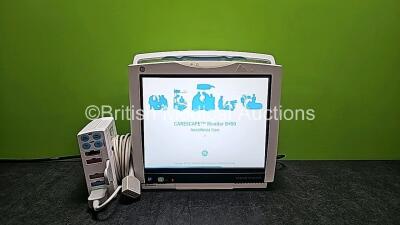 GE Carescape B450 Touch Screen Patient Monitor *Mfd 2014* with 1 x GE Type E-PSMP-01 Module Including ECG, SpO2, T1, T2, P1, P2 and NIBP Options *Mfd 2014*, 1 x ECG Trunk and 1 x User Manual (Powers Up)