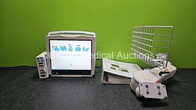 GE Carescape B450 Touch Screen Patient Monitor *Mfd 2014* with 1 x GE Type E-PSMP-01 Module Including ECG, SpO2, T1, T2, P1, P2 and NIBP Options *Mfd 2014*, 1 x User Manual and 1 x Mounting Swing Arm (Powers Up and Faulty Touch Screen)