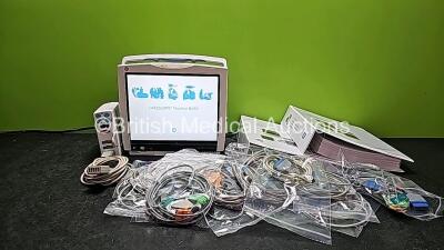 GE Carescape B450 Touch Screen Patient Monitor *Mfd 2014* with 1 x GE Type E-PSMP-01 Module Including ECG, SpO2, T1, T2, P1, P2 and NIBP Options *Mfd 2014*, 1 x ECG Trunk, 11 x Fingertip Lead/Sensors and 2 x User Manuals (Powers Up)