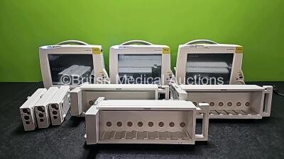 Job Lot Including 3 x Philips IntelliVue MP30 with Printer Option (All Power Up, 1 x Missing Dial, 1 x Damaged Power Button and All Missing Battries - See Photos ), 2 x Philips M3014A Opt C07 C02 Module Including Press, Temp, Press and CO2 Options (Both C