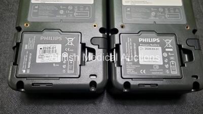 2 x Philips Heartstart FR3 Defibrillators (Both Power Up) In Carry Cases with 2 x Batteries *Install Before - 2025 / 2028* and 3 x In Date Electrode Packs - 5