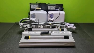 Job Lot Including 1 x Mangar Airflo Plus Compressor, 1 x Mangar Airflo Compressor, 2 x Battery Packs, 2 x Mangar ELK Emergency Lifting Cushion with 2 x Remotes and 2 x Stowage Boards with Charging Power Supply