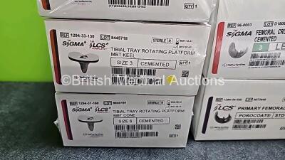 Job Lot of Johnson & Johnson Depuy Synthes Including Sigma Tibial Insert Fixed Bearing Unicondylar Ref 1024-53-208 / 1024-54-307 / 1024-54-607, ILCS Metal Backed Patella Ref 1294-09-770, Sigma Tibial Tray Rotating Platform MBT Keel Ref 1294-33-130, ILCS P - 4