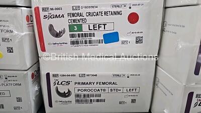 Job Lot of Johnson & Johnson Depuy Synthes Including Sigma Tibial Insert Fixed Bearing Unicondylar Ref 1024-53-208 / 1024-54-307 / 1024-54-607, ILCS Metal Backed Patella Ref 1294-09-770, Sigma Tibial Tray Rotating Platform MBT Keel Ref 1294-33-130, ILCS P - 6