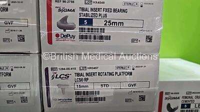 Job Lot of Johnson & Johnson Depuy Synthes Including Sigma Tibial Insert Fixed Bearing Unicondylar Ref 1024-53-208 / 1024-54-307 / 1024-54-607, ILCS Metal Backed Patella Ref 1294-09-770, Sigma Tibial Tray Rotating Platform MBT Keel Ref 1294-33-130, ILCS P - 11