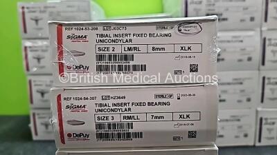 Job Lot of Johnson & Johnson Depuy Synthes Including Sigma Tibial Insert Fixed Bearing Unicondylar Ref 1024-53-208 / 1024-54-307 / 1024-54-607, ILCS Metal Backed Patella Ref 1294-09-770, Sigma Tibial Tray Rotating Platform MBT Keel Ref 1294-33-130, ILCS P - 14