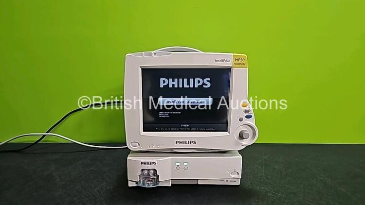Job Lot Including 1 x Philips IntelliVue MP30 Anesthesia Touchscreen Patient Monitor *Mfd 2014* (Powers Up) and 1 x Philips IntelliVue G5 M1019A Gas Module with 1 x Water Trap (Powers Up)
