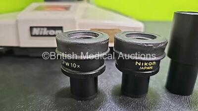 Nikon OPTIPHOT Benchtop Microscope with 2 x CFW 10x Eyepieces, 1 x CF Photo 5x Eyepiece, 1 x Lietz Wetzlar *160/0.17 NPL Fluotar 40/0.70 Optic, 1 x Nikon Plan Apo 20 0.65 160/0.17 Optic, 1 x Nikon Plan Apo 10 0.4 160/0.17 Optic, 1 x Nikon Plan Apo 4 0.16 - 9