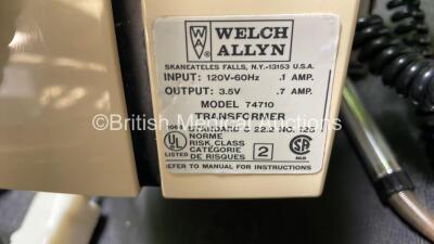 Mixed Lot Including 2 x Welch Allyn Model 74710 Transformers with 4 x Handles (Foreign Plugs) and 1 x Helica Instruments TC555 Unit (Powers Up) - 4