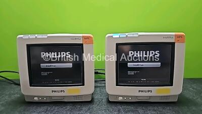 2 x Philips IntelliVue MP5 Touchscreen Patient Monitors Including ECG, SpO2 and NBP Options (All Power Up, Both Missing Batteries and Both Damaged Cases - See Photos)