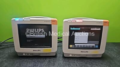 2 x Philips IntelliVue MP5 Touchscreen Patient Monitors Including ECG, SpO2 and NBP Options (All Power Up,1 x Faulty Touchscreen, Both Missing Batteries and 1 x Damaged Cases - See Photos)