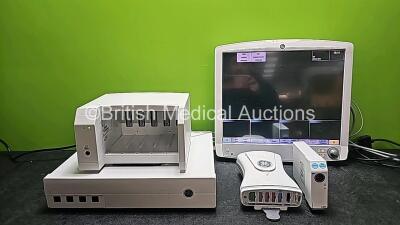 GE Carescape B850 Monitoring System Including 1 x D19KT Display / Monitor (Powers Up), 1 x CPU-C1 Carescape Monitor B850, 1 x GE Dinamap Ref-2016793-002 Patient Data Module Including ECG, Temp/CO, P1/P3, P2/P4, SpO2 and NIBP Options *Mfd 2014* (Cracked Ca