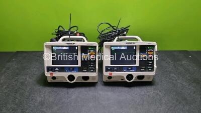 2 x Physio Control Medtronic Lifepak 20e Defibrillators / Monitors *Mfd - 2015* (Both Power Up, Both Missing Doors) Including Pacer, ECG and Printer Options with 2 x Paddle Leads and 2 x 3 Lead ECG Leads *SN 43291383 / 43287844*