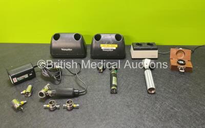 Job Lot Including 2 x Welch Allyn 7114x Universal Chargers, 1 x Welch Allyn Otoscope / Ophthalmoscope Handle with 2 x Attachments, 1 x Heine NT200 Charger, 1 x Heine Delta 20 Otoscope / Ophthalmoscope (Missing Battery Cover - See Photos) and 1 x Ocular In