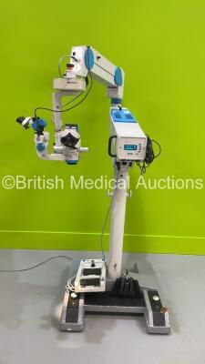 HS Moller-Wedel Hi-R 900 Dual Operated Surgical Microscope with 2 x Binoculars, 2 x 10x/22B Eyepieces and 2 x 12,5x/17B Eyepieces, f=175 Lens and Footswitch on Moller FS 3-21 Stand (Powers Up with Good Bulb) *S/N 733* **Mfd 2002**