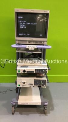 Olympus Stack Trolley with Sony Monitor, Olympus Evis CV-240 Digital Processor, Keyboard and Olympus Evis CLV-U40 Light Source (Powers Up) *S/N 2009861 / 7812881* **A/N 025486 / 026104 / 023885*