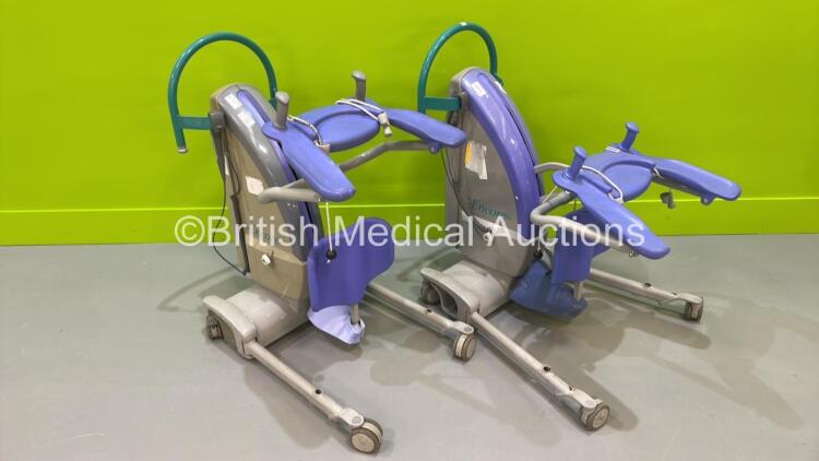 2 x Arjo Encore Electric Patient Hoists with 1 x Battery and 2 x Controller (Both No Power)