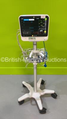 GE B125 Patient Monitor on Stand *Mfd 2020* with IBP1, IBP2, T1, T2, SPO2, ECG and NIBP Options and GE E-miniC Gas Module and Various Leads (Powers Up) *S/N SQF20204739WA*