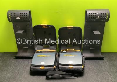 2 x Medtronic Lifepak CR Plus Defibrillators (Both Power Up) with 2 x Electrode Packs *Both Expired* in Carry Cases and 2 x Medtronic Mounting Brackets