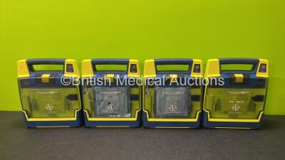 4 x Cardiac Science Powerheart AED G3 Automated External Defibrillators with 4 x Batteries and 2 x Electrode Packs *Expired* (All Power Up, 1 x Requires Service)