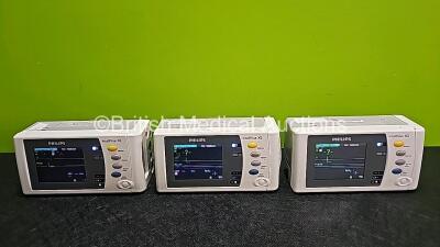 3 x Philips IntelliVue X2 Handheld Patient Monitors Including ECG, SpO2, NBP, Press and Temp Options (All Power Up with Stock Batteries - Stock Batteries Not Included and All Damaged Cases - See Photo) *SN DE03796945 / DE03797414 / DE03797362*