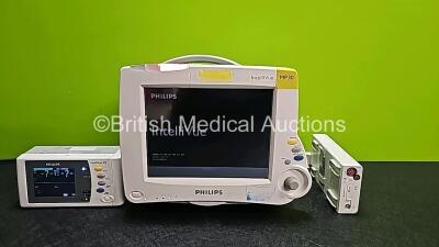 Philips IntelliVue MP30 Touchscreen Patient Monitor (Powers Up and Cracked Case - See Photo) with 1 x Philips IntelliVue X2 Handheld Patient Monitor (Powers Up with Stock Battery - Stock Battery Not Included and Damaged Case - See Photo) Including ECG, Sp