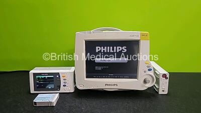 Philips IntelliVue MP30 Touchscreen Patient Monitor (Powers Up) with 1 x Philips IntelliVue X2 Handheld Patient Monitor (Powers Up with Stock Battery - Stock Battery Not Included and Damaged Case - See Photo) Including ECG, SpO2, NBP, Press and Temp Optio