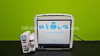 GE Carescape B450 Touchscreen Patient Monitor Type B450-01 *Mfd 2018* with 1 x GE Type E-PSMP-00 Module Including ECG, SpO2, T1, T2, P1, P2 and NIBP Options *Mfd 2010* and 1 x GE Type E-MINIC-00 Module with Mini D-Fend Water Trap *Mfd 2012* (Powers Up) *S