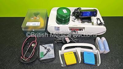 Mixed Lot Including 1 x Verathon BladderScan BVI9000 Series Calibration Tank, 1 x Seca Weighing Scale, 1 x Welch Allyn Stethoscope, 1 x ConMed Footswitch, 2x Braun ThermoScan Thermometers, 1 x Green Emergency 12v Light and 1 x Blue Emergency 12v Light - 2