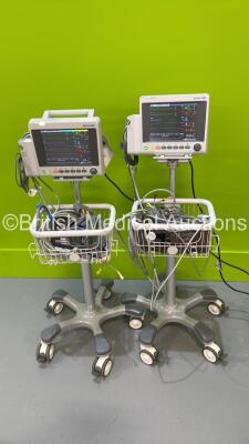 2 x EDAN iM50 Touch Screen Patient Monitors Including ECG, SpO2, NIBP, IBP1, IBP2, T1, T2 and CO2 Module Holder Options *Mfd 2020* with Selection of Cables (Both Power Up) *S/N 360069-M204071101421 / 360069-M20407107130086*