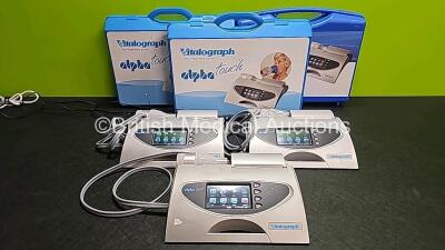 Job Lot Including 3 x Vitalograph Model 6000 Alpha Spirometers with 3 x Power Supply in Case (All Powers Up) and 3 x Vitalograph 3L Precision Syringes *SN AL10819 / AL31253 / AL10817*