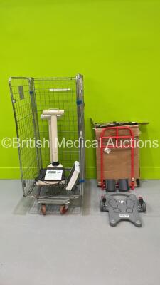 Mixed Cage Including 1 x RoMedic Ross ReTurn Standing / Transport Aid (New In Box), 2 x Seca Stand on Scalers and 1 x Marsden Stand on Scales (Cage Not Included)