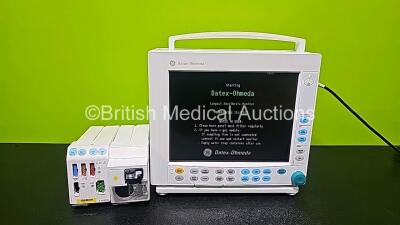 GE Datex Ohmeda F-CM1-04 Anaesthesia Monitor (Powers Up) with 1 x E-PRESTN-00 Module with ECG, SpO2, NIBP, T1, T2, P1 and P2 Options and 1 x GE Type E-CAi0-00 with D-Fend Water Trap *SN 6271001 / 6876437 / 6702903*