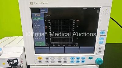 GE Datex Ohmeda F-CM1-04 Anaesthesia Monitor (Powers Up) with 1 x E-PRESTN-00 Module with ECG, SpO2, NIBP, T1, T2, P1 and P2 Options and 1 x GE Type E-CAi0-00 with D-Fend Water Trap *SN 6271001 / 6876437 / 6702903* - 5