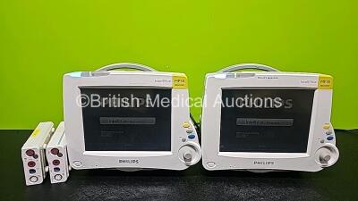 Job Lot Including 2 x Philips IntelliVue MP30 Neonatal Touch Screen Patient Monitors (Both Power Up and 1 x Missing Batteries - See Photos) with 2 x Philips M3001A Opt A01C06 Modules Including ECG, SpO2, NBP, Press and Temp Options *SN DE632G2967 / DE5220