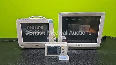 Job Lot Including 1 x Philips IntelliVue MP70 Touch Screen Patient Monitor (Powers Up and Damaged Case - See Photo), 1 x Philips IntelliVue MP50 Patient Monitor (Powers Up) and 1 x Philips IntelliVue X2 Handheld Patient Monitor Including ECG, SpO2, NBP, 