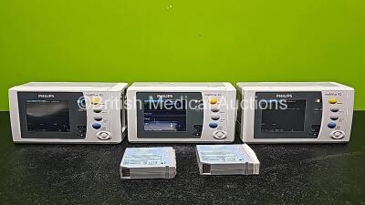 3 x Philips IntelliVue X2 Handheld Patient Monitors Including ECG, SpO2, NBP, Press and Temp Options *Mfd 2015* (All Power Up with Stock Battery - Stock Battery Not Included and 2 x Cracked Cases - See Photos) with 2 x Philips M4607A Batteries *Flat Batte