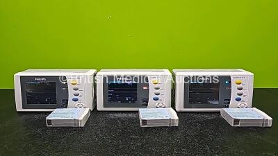 3 x Philips IntelliVue X2 Handheld Patient Monitors Including ECG, SpO2, NBP, Press and Temp Options *Mfd 1 x 2015 & 2 x 2016* (All Power Up with Stock Battery - Stock Battery Not Included and 1 x Damaged Case - See Photo) with 3 x Philips M4607A Batterie