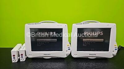 Job Lot Including 2 x Philips IntelliVue MP50 Touch Screen Patient Monitors (Both Power Up, Both Missing Internal Batteries, 1 x Cracked Module Connector, 1 x Damaged Case and Both Missing Badges - See Photos), 2 x Philips M3001A Opt A01 Modules Including